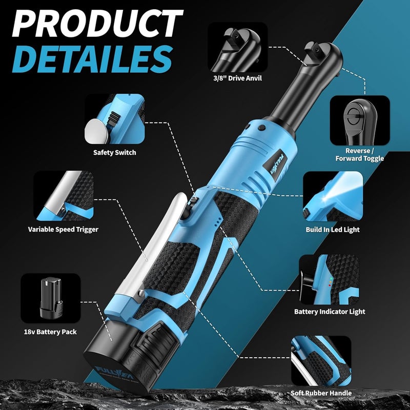 FULLYEA Electric Ratchet Wrench Set,18V Cordless Ratchet Tool Kit,550 RPM, 3/8" Variable Speed Power Ratchet Wrench with LED Light, 2 * 2.0Ah Li-ion Batteries and Fast Charger, Blue - Image 2